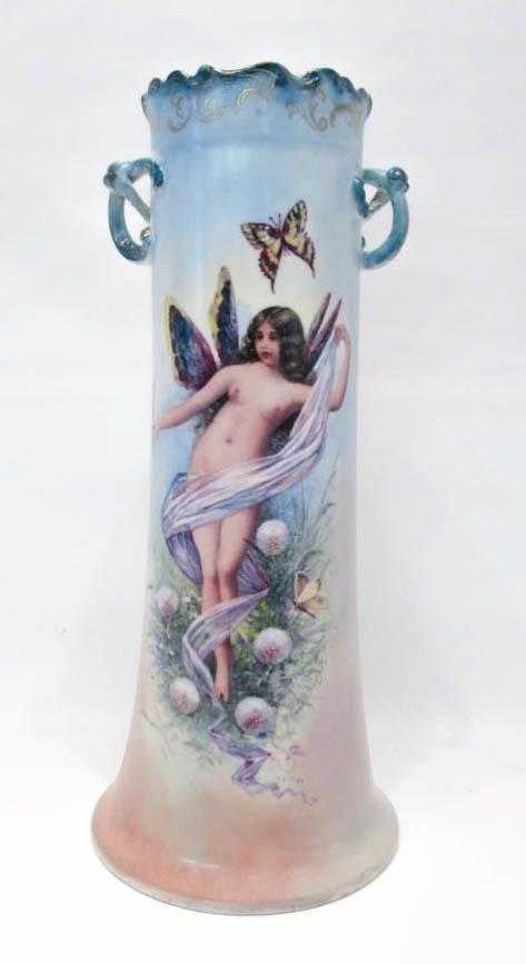 Appraisal: LIMOGES ART NOUVEAU HAND PAINTED PORCELAIN VASE of a wood