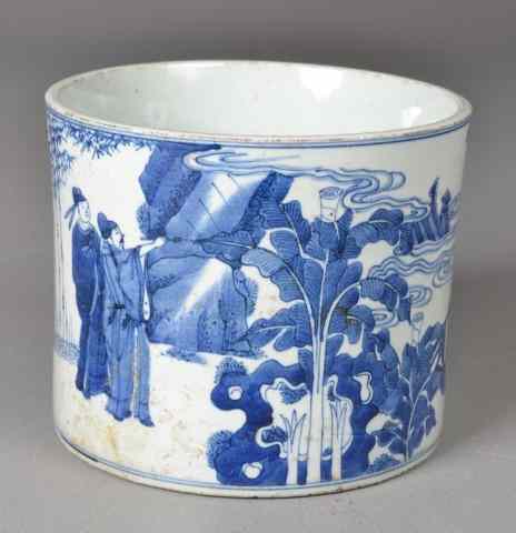 Appraisal: Large Ming Blue White Brush PotFinely painted with eight figures