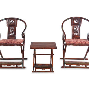 Appraisal: A Pair of Chinese Horseshoe-Back Armchairs and a Matching Folding