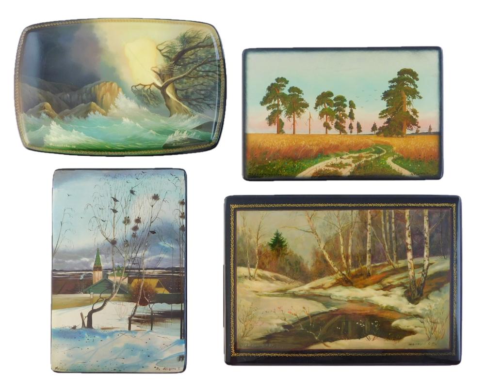 Appraisal: Russian hand-painted lacquer boxes four landscape themed pieces including Storm