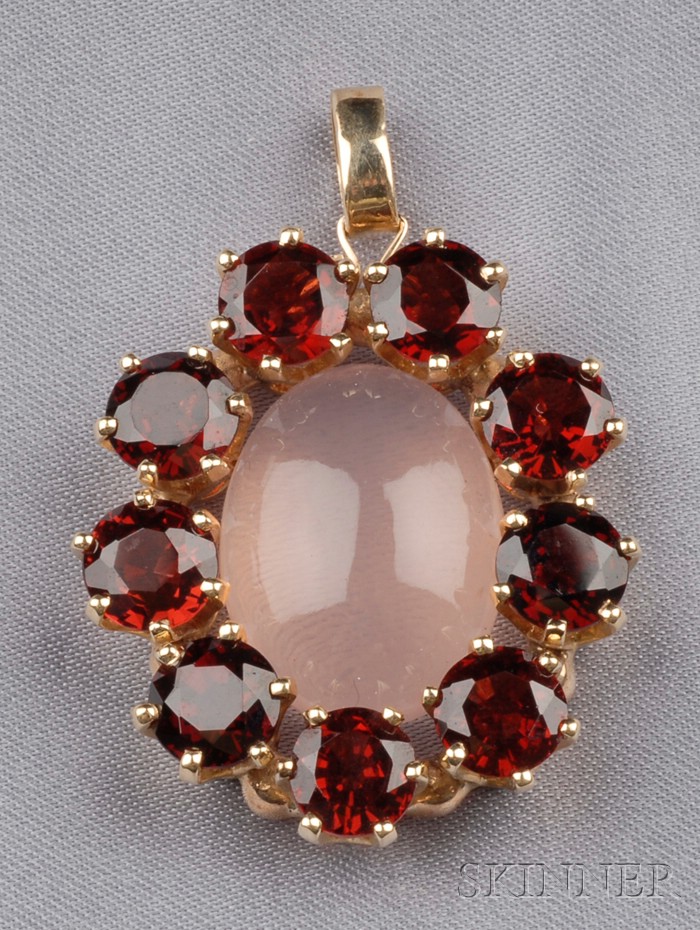 Appraisal: kt Gold Rose Quartz and Garnet Pendant centering a cabochon