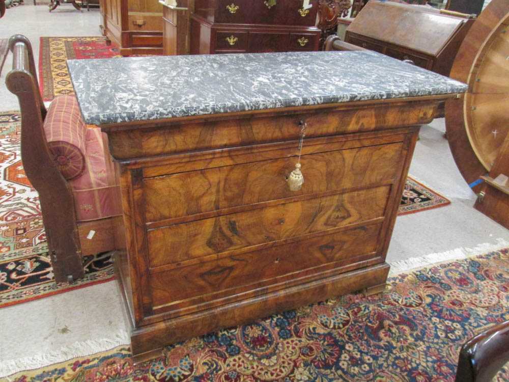 Appraisal: EMPIRE MARBLE-TOP BURL WALNUT CHEST OF DRAWERS German th century