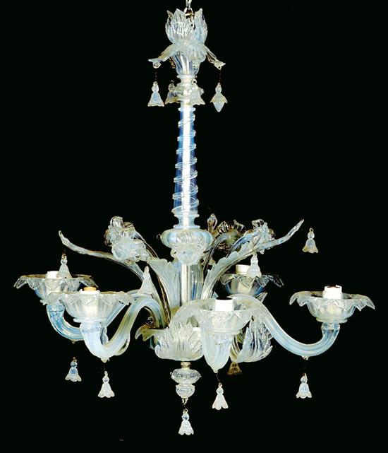 Appraisal: Murano glass five-light chandelier circa twist-turned stem issuing S-curve arms