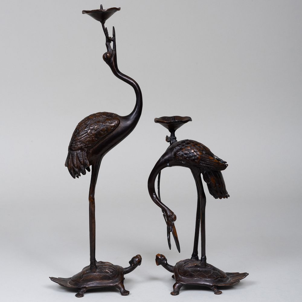 Appraisal: Pair of Japanese Bronze Crane and Turtle Form Pricket Sticks