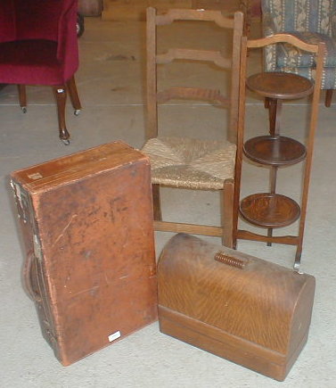 Appraisal: A rush seated hall chair oak cake stand cased sewing