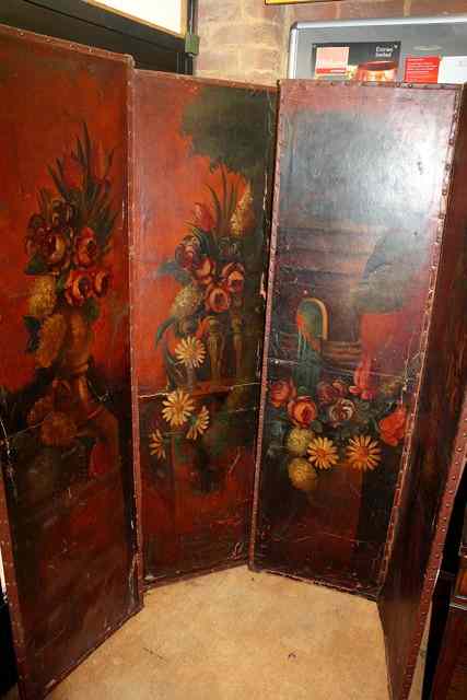 Appraisal: A FOUR FOLD PAINTED LEATHER SCREEN high