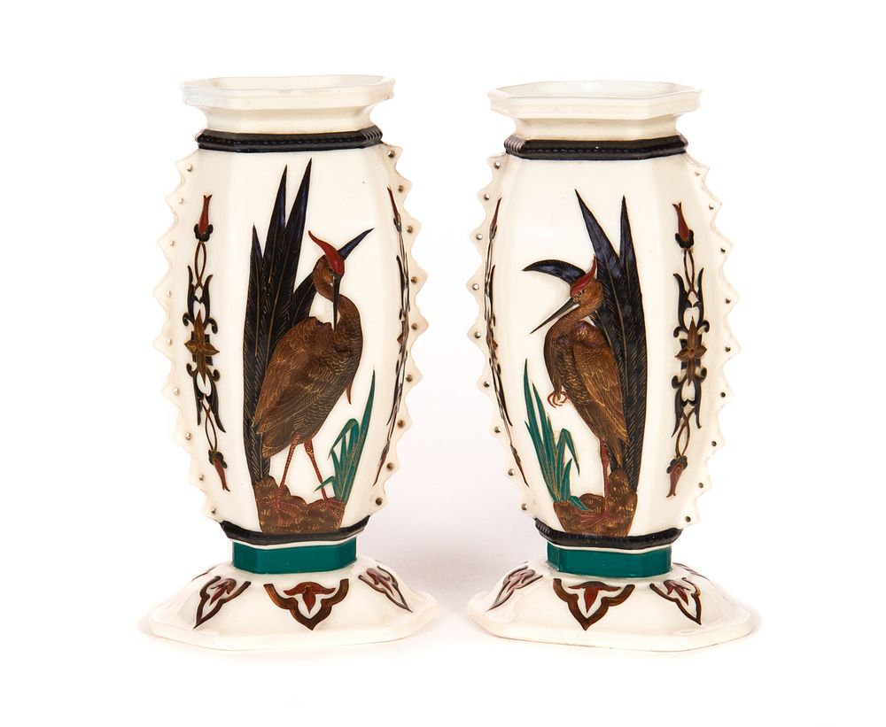 Appraisal: Pair of Royal Worcester Porcelain Heron Vases Pair of Royal