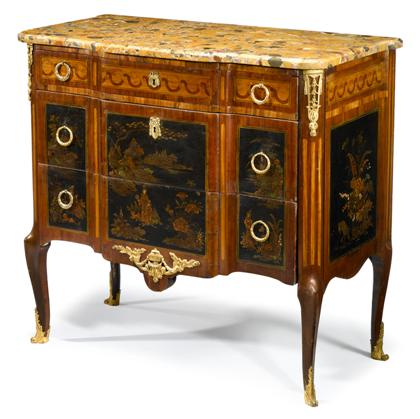 Appraisal: Transitional style gilt metal mounted and lacquered commode The marble