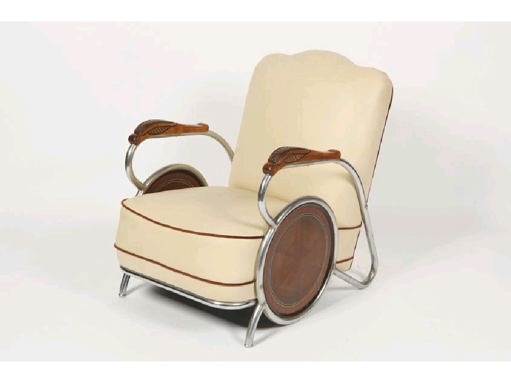 Appraisal: AN ART DECO LEATHERETTE AND CHROMED TUBULAR STEEL ARMCHAIR the