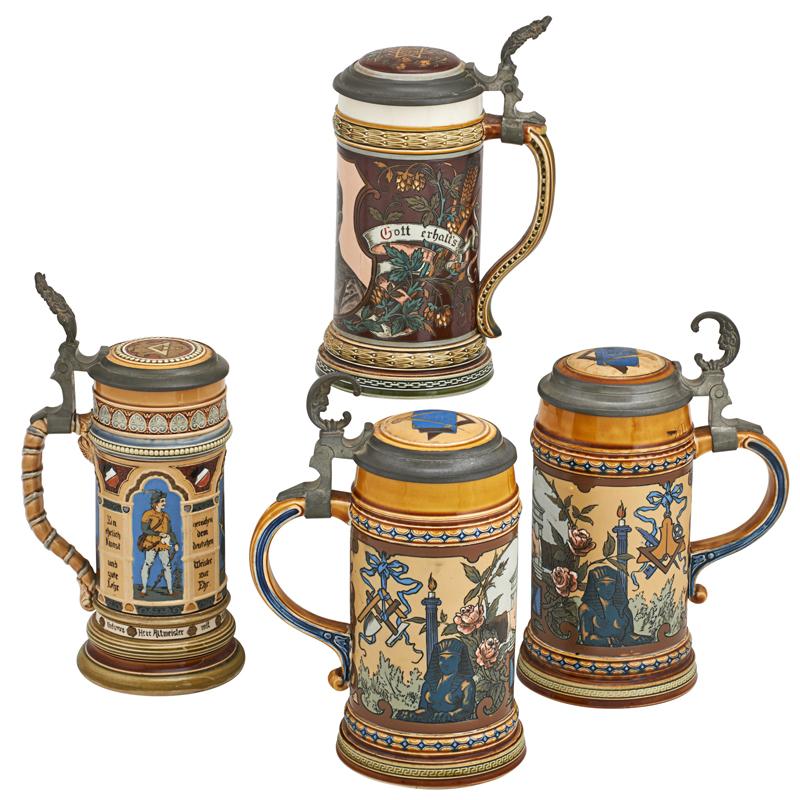 Appraisal: METTLACH ETCHED STEINS Four Numbers half liter liter half liter