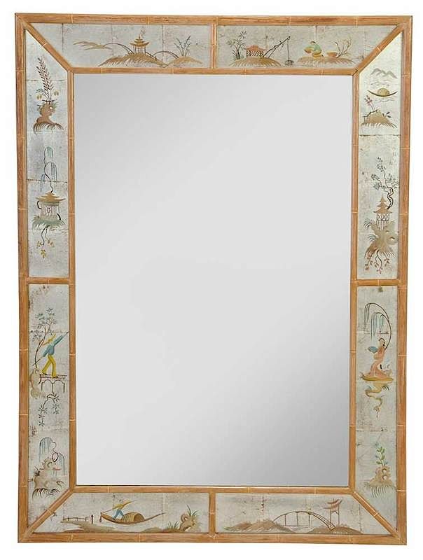 Appraisal: Silvered and Paint Decorated Chinoiserie Mirror th century faux bamboo