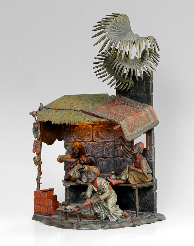 Appraisal: AUSTRIAN ORIENTALIST BRONZE COBBLER SHOP LAMP Cold painted bronze lamp