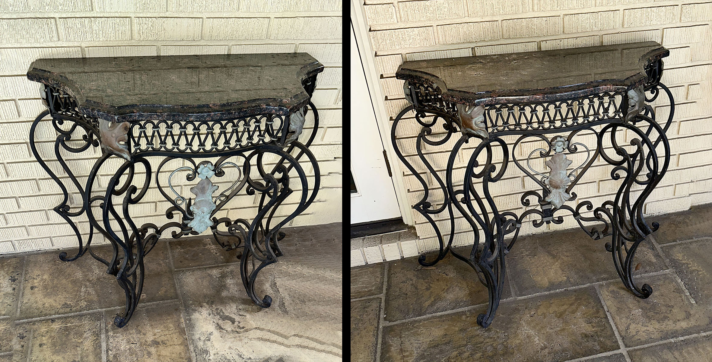 Appraisal: PAIR OF MARBLE TOP WROUGHT IRON TABLES Pair of Marble