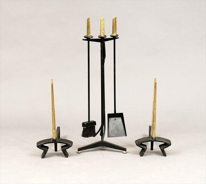 Appraisal: Donald Deskey for Bennett Pair of Iron and Brass Andirons