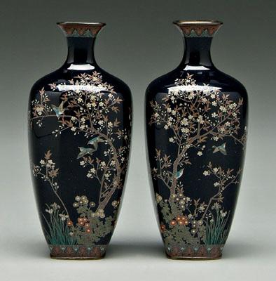 Appraisal: Pair Japanese cloisonn eacute vases squared conical shapes with silver