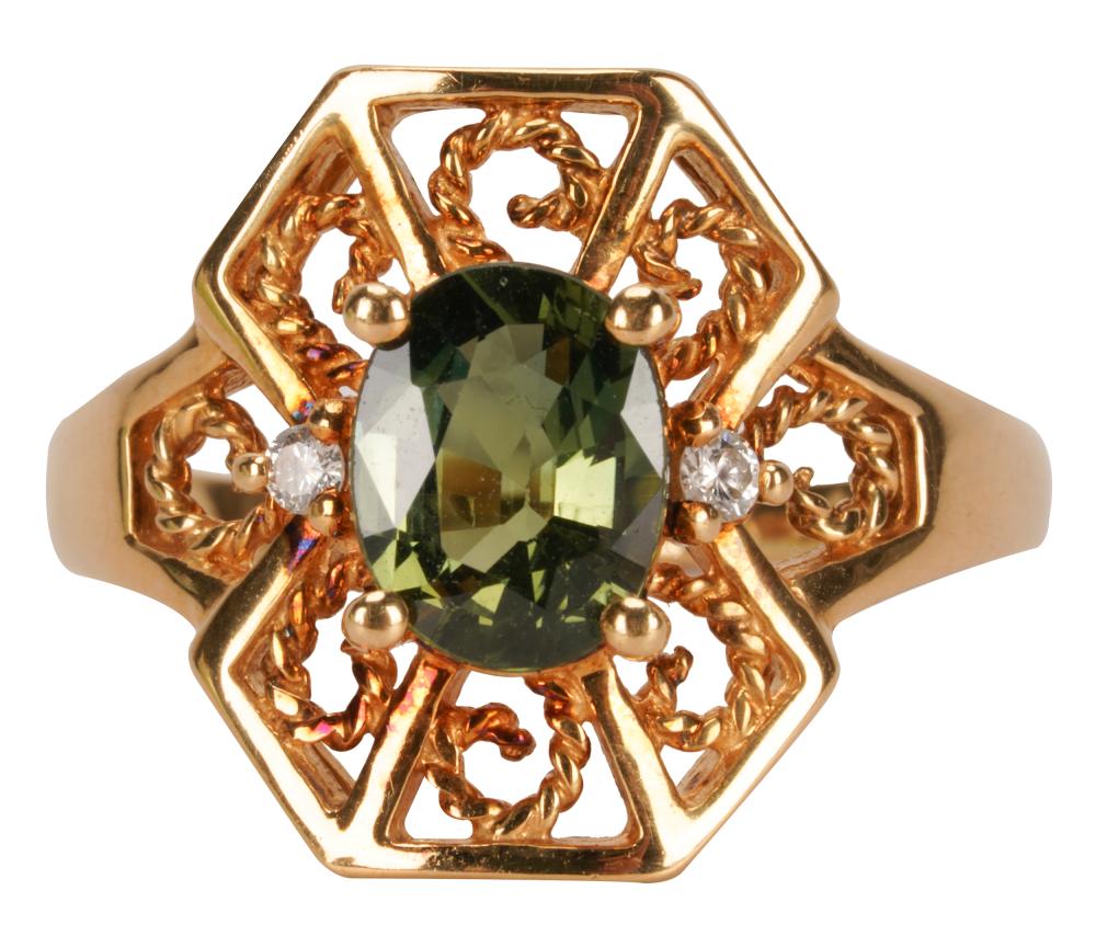 Appraisal: KARAT YELLOW GOLD GREEN SAPPHIRE RINGcentering one oval green sapphire