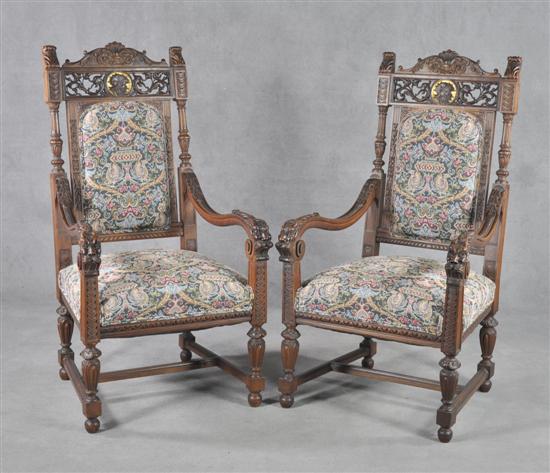 Appraisal: Pair of Historic Revival Armchairs Early th Century Heavily carved