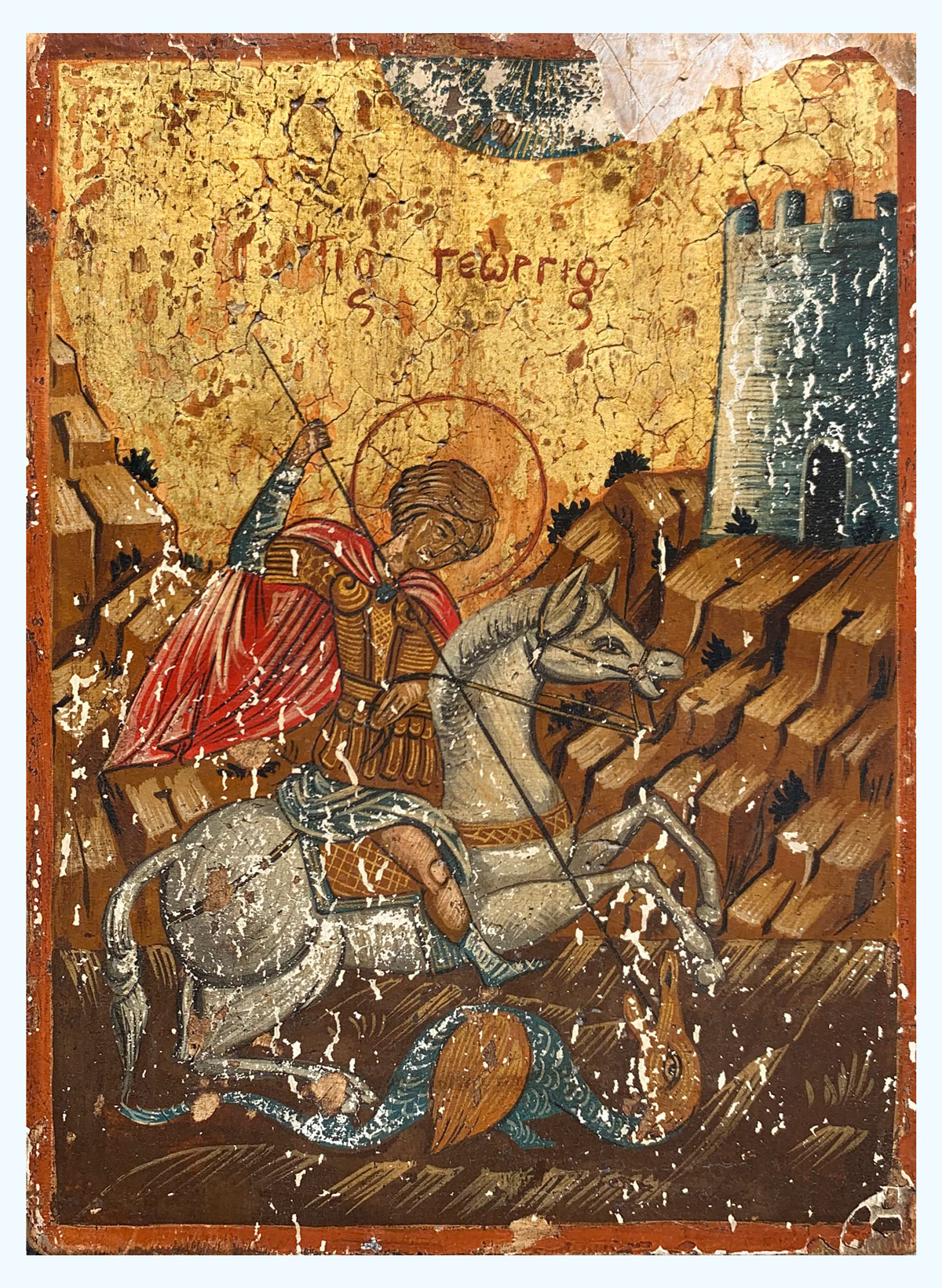 Appraisal: EARLY ICON PAINTING OF ST GEORGE SLAYING THE DRAGON Oil