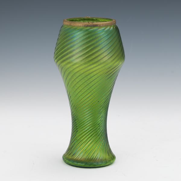 Appraisal: GOETZ ART GLASS VASE WITH BRASS RIM Green iridescent art