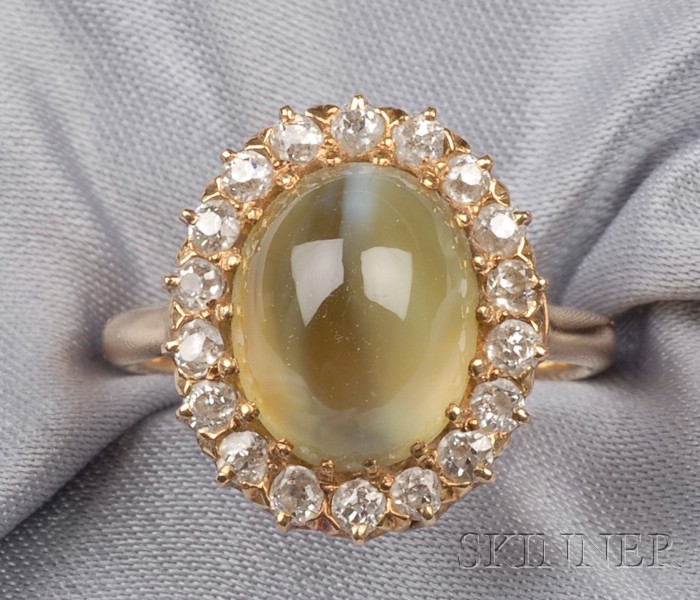 Appraisal: Antique Cat's-eye Chrysoberyl and Diamond Ring set with a cabochon