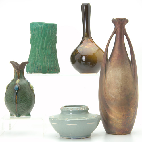 Appraisal: OWENS Five vases in assorted lines Opalesce Matte Green Jewel