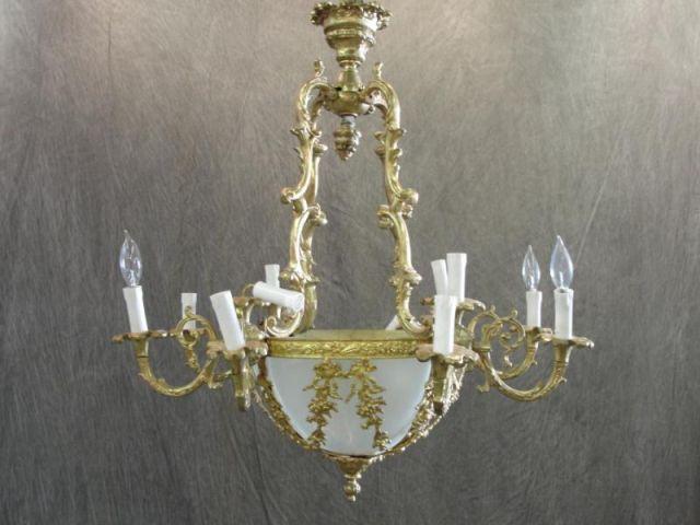 Appraisal: Bronze French Style Chandelier with Etched Glass Dome Base From