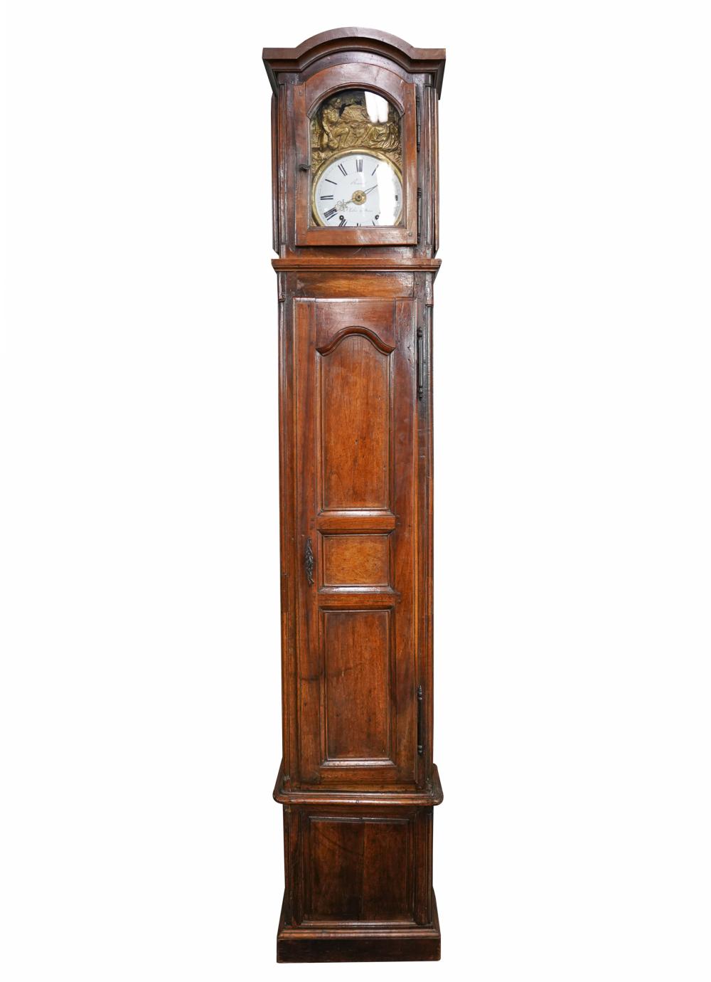 Appraisal: FRENCH FRUITWOOD TALL CASE CLOCKthe white enamel dial signed Roussot