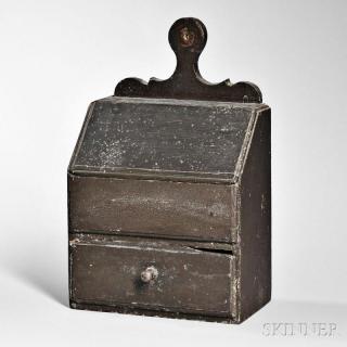 Appraisal: Black-painted Lidded Wall Box America c thumb-molded case lid and