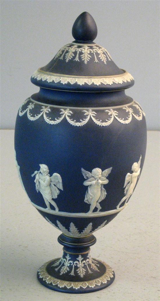 Appraisal: th century blue jasperware vase and cover decorated with cherubs