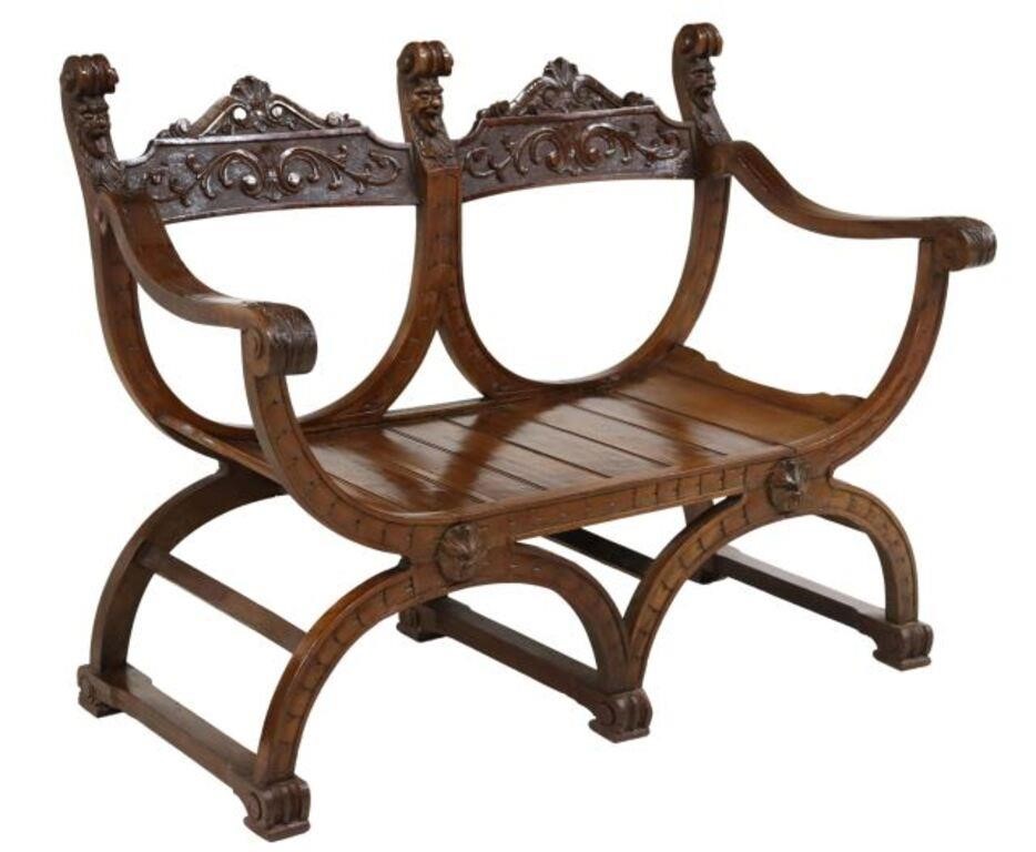 Appraisal: Italian walnut Savonarola bench early th c carved back with