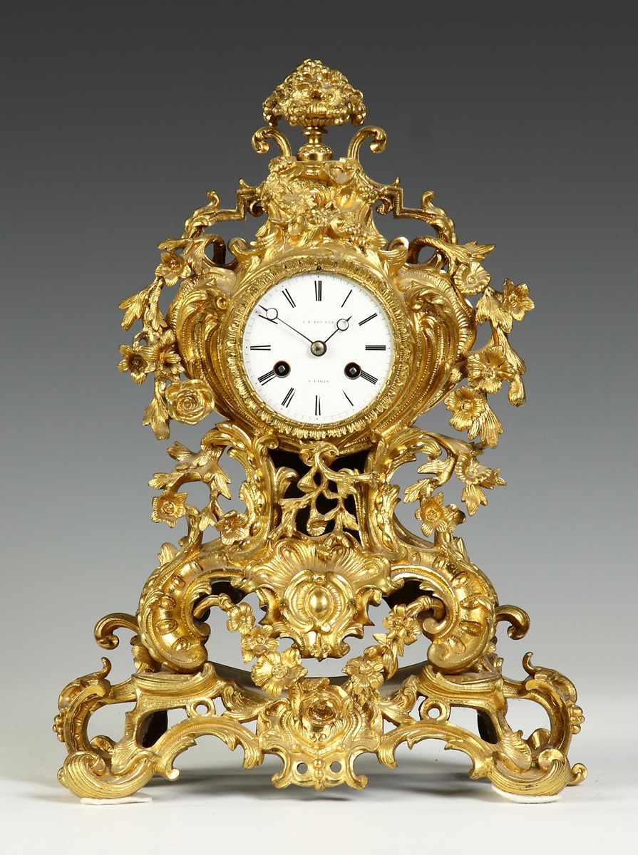 Appraisal: French Gilt Bronze Clock th cent Sgn porcelain dial C