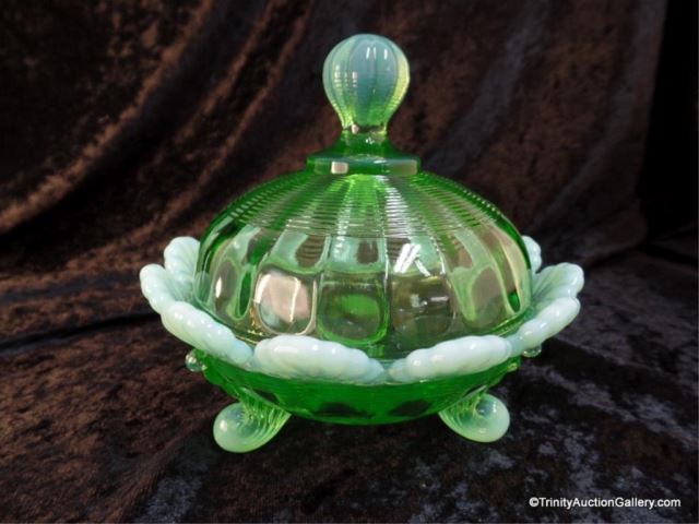 Appraisal: Green Opalescent Toed Covered Butter Dish by Mosser Glass Company