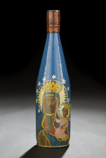 Appraisal: Haitian Polychromed Glass Spirit Bottle depicting Our Lady of Czestochowa