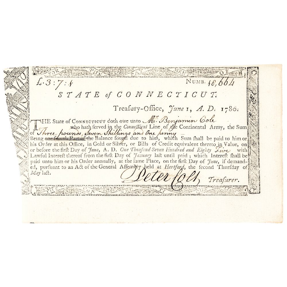 Appraisal: PETER COLT Signed Connecticut Revolutionary War Service Pay Order Autographs