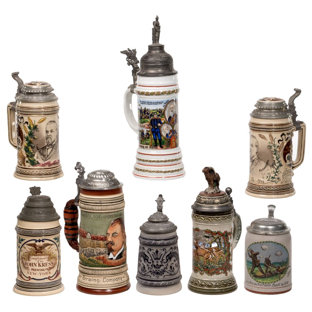 Appraisal: GERMAN BEER STEIN ASSORTMENT items including earthen ware and a