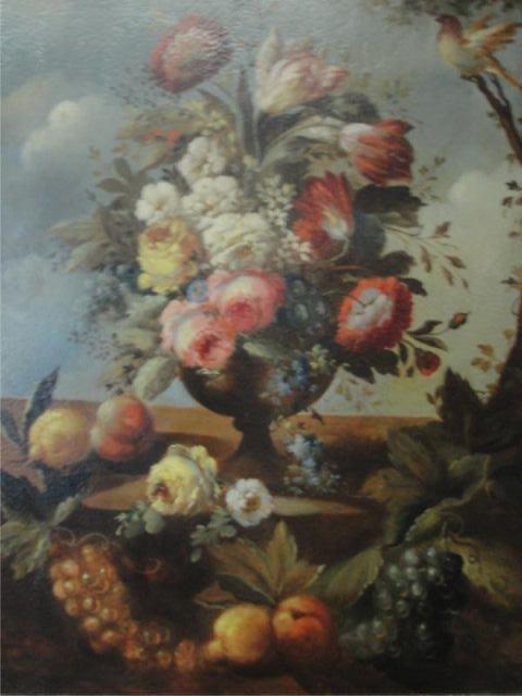 Appraisal: Oil on Canvas Large Floral Still Life with Song Bird