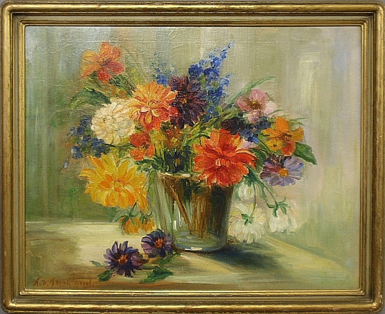 Appraisal: - Oil on canvas still life painting of flowers signed