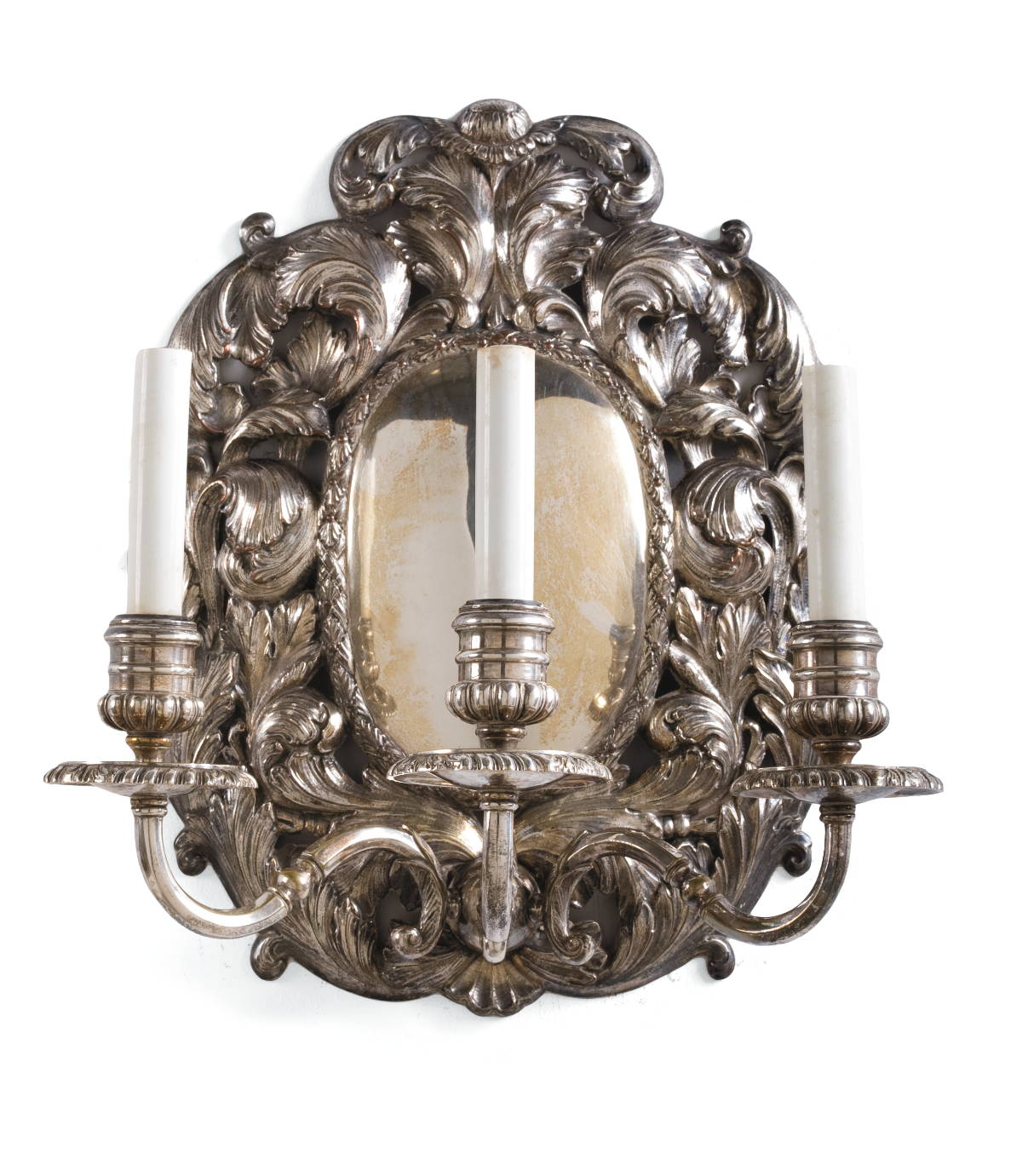 Appraisal: PAIR OF CONTINENTAL SILVERPLATE THREE-LIGHT WALL SCONCES WITH ROCOCO LEAF