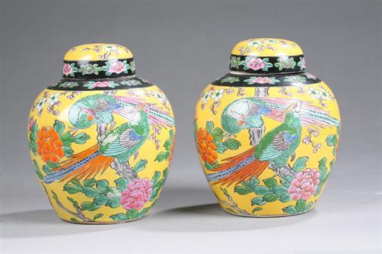 Appraisal: PAIR OF GINGER JARS Oriental style jars with glazed floral