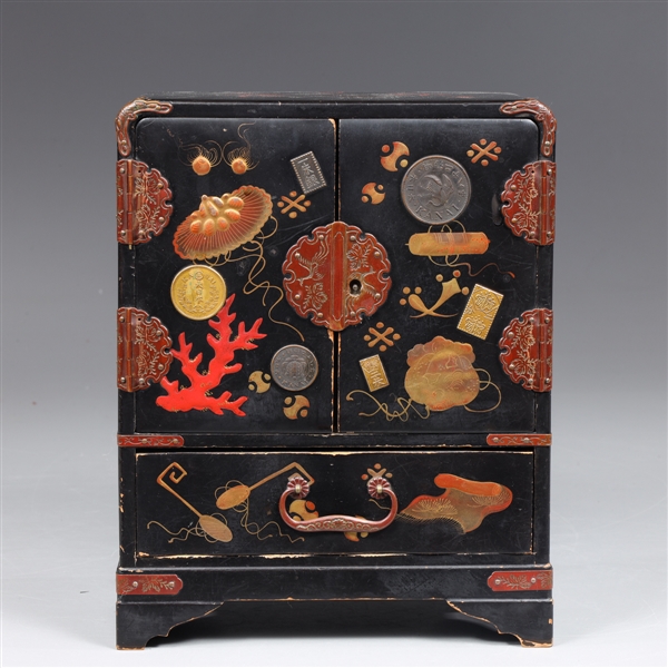 Appraisal: Antique Japanese Meiji period lacquered miniature cabinet the exterior elaborately