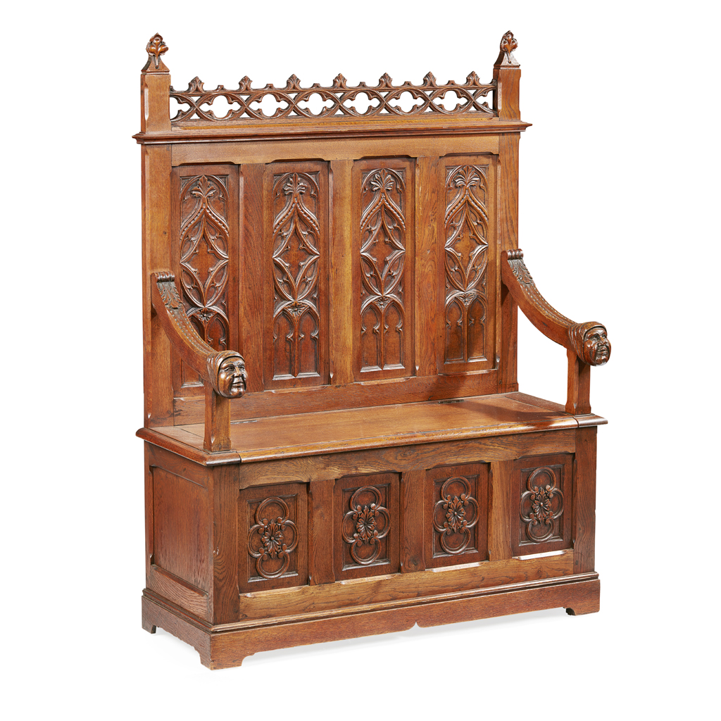 Appraisal: VICTORIAN GOTHIC STYLE OAK SETTLE LATE TH CENTURY the pierced