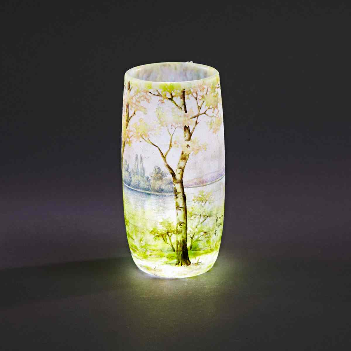 Appraisal: Daum Enameled Cameo Glass Silver Birches T Landscape Vase c