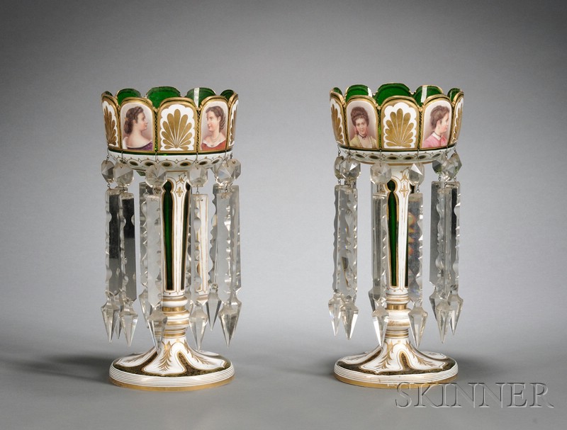 Appraisal: Pair of Bohemian White Cased Cut to Green Enamel Decorated