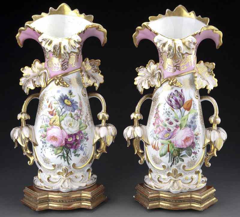 Appraisal: Pr Old Paris flare vases on stands having reserves depicting