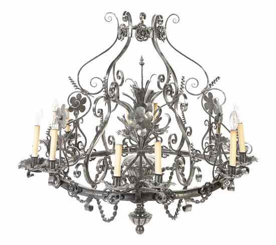 Appraisal: A French Pewter Twelve-Light Chandelier of cage form with scrolling