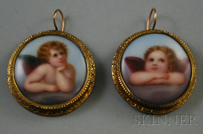 Appraisal: Pair of Painted Porcelain Earrings bearing images of cherubs dia