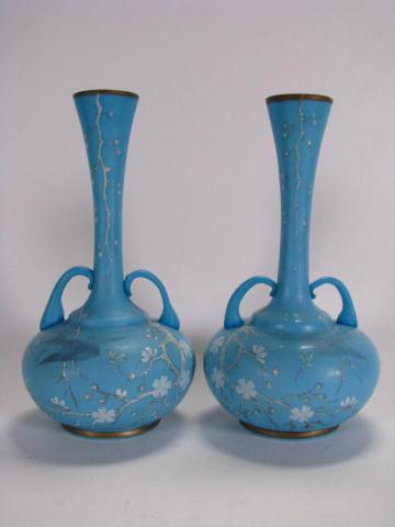 Appraisal: Pair of Burmese satin glass handled vases enamel floral and