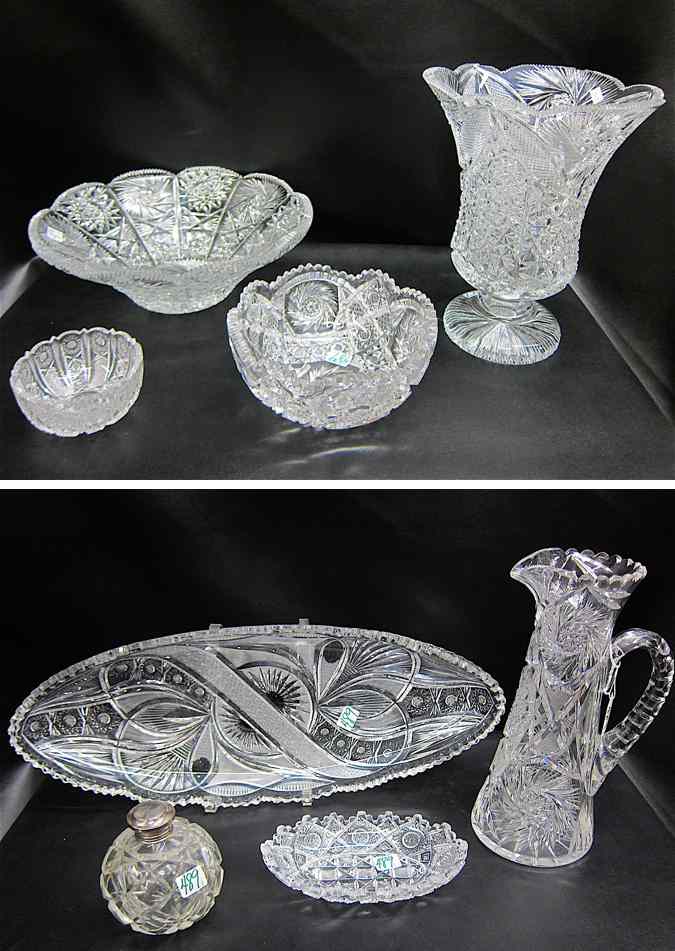 Appraisal: EIGHT CUT GLASS TABLEWARE pedestal vase ''H oblong serving platter