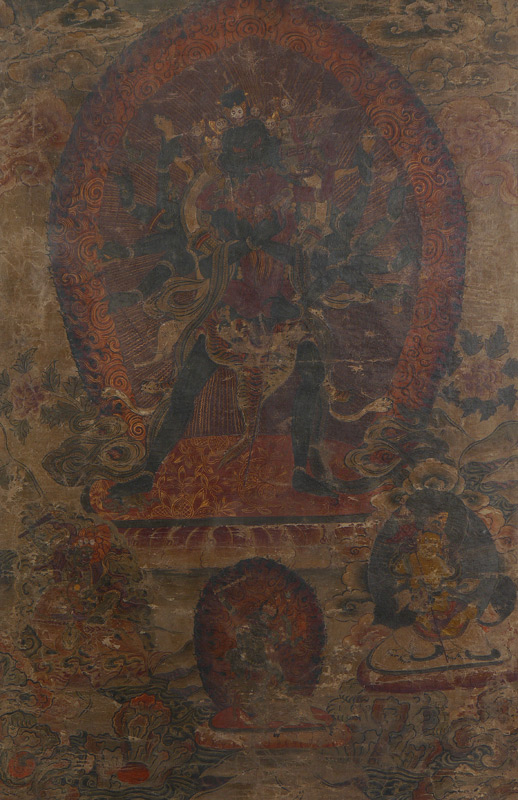 Appraisal: EARLY TIBETAN THANGKA PAINTING Oil Canvas laid down Sight size