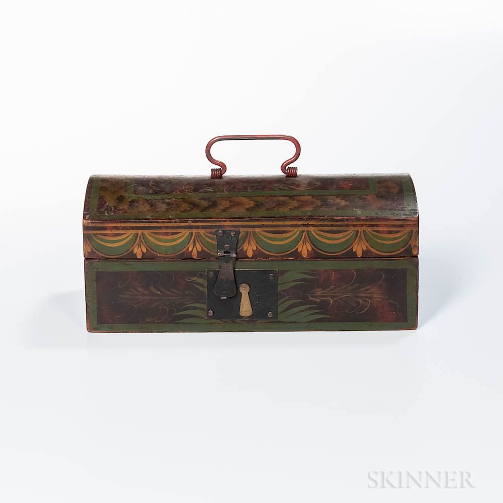 Appraisal: Stenciled and Grain-painted Dome-top Pine Document Box Stenciled and Grain-painted